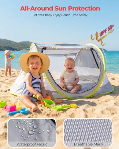 Poray Portable Baby Beach Tent with UPF 50+ Sun Shelter,Mosquito Net and Sunshade, Ideal Pop Up Kids Travel Tent with Carry Bag & 2 Stakes,Outdoor Indoor Play and Sun Protection - style: Yellow