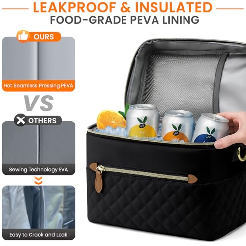 Tenot Insulated Lunch Box for Women Reusable, Leak Proof Cooler Lunch Bag Women for Work Stylish Quilted Lunch Tote Bag for Adult Picnic Travel Hiking Black - color: Black