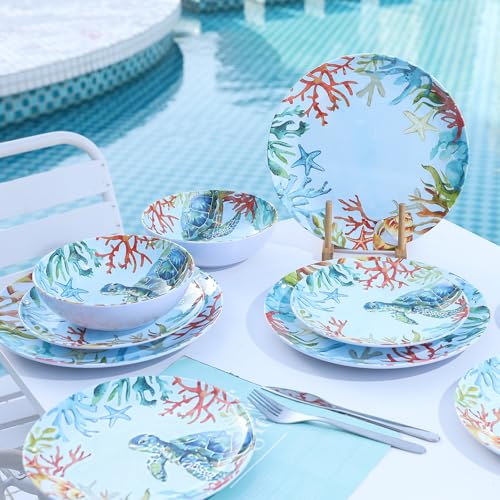12-Piece Melamine Turtle Dinnerware Set, Ocean Plates and Bowls Sets, Indoor Outdoor Dish Sets for 4, Unbreakable Lightweight Tableware Set - Turtle - color: Blue Turtle