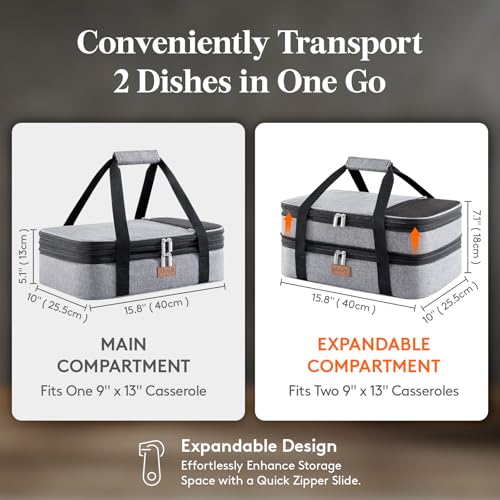 Lifewit Insulated Double Decker Casserole Carrier, Expandable Lasagna Lugger Tote Bag for Hot or Cold Food, Fits 9" x 13" Baking Dish for Potluck Parties, Picnic and Cookouts, Grey - color: Grey