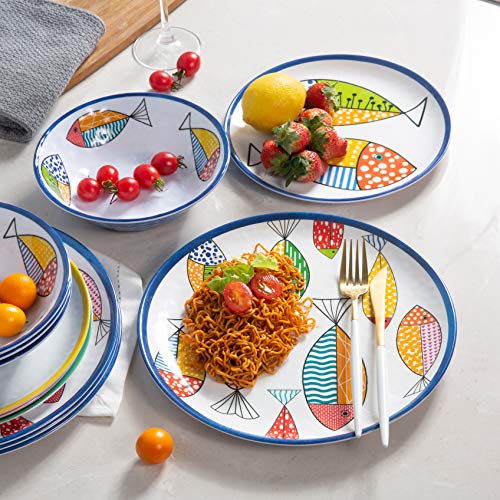 Melamine Dinnerware set for 4, Plates and Bowls Sets, Great for Camper, RV, Indoors Outdoors Use with Ocean Printed, Unbreakable - color: Blue Fish