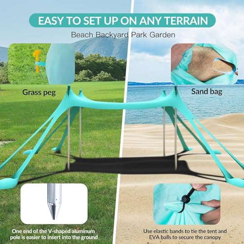Gardentime Beach Tent Canopy with 8 Sandbags 4 Aluminum Poles, Pop Up Portable Camping Sun Shelter, Easy Set Up with 2 Sand Shovel, Ground Pegs, Carrying Bag for Outdoor Beach,Picnic, Fishing - color: Turquoise