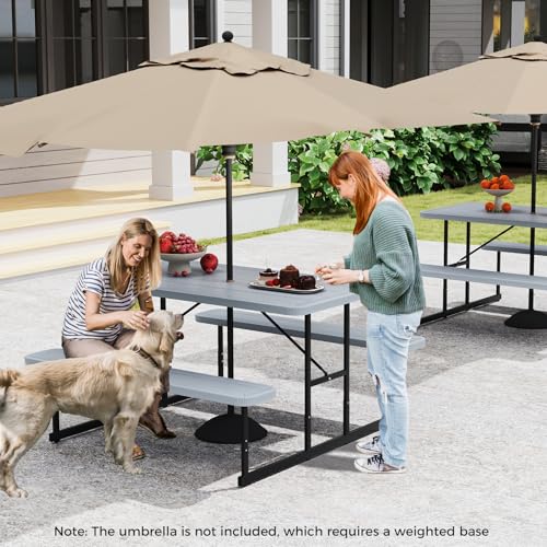 LDAILY Picnic Tables with Benches, Rectangular Dining Table Set for Outside 4 People, HDPE Tabletop, Metal Frame, Umbrella Hole, Heavy Duty Picnic Table for Outdoors, Patio, Lawn, Commercial (Gray) - color: Grey