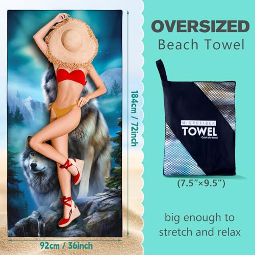 Moon Wolf Beach Towel Oversized 36" x 72", Thin Lightweight Sand Free Quick Dry Microfiber Towel for Swimming Pool Cruise Camping Travel - color: Color_8