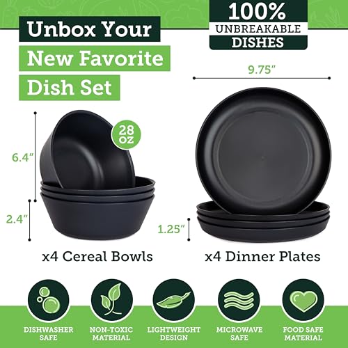 Grow Forward Premium Wheat Straw Plates and Bowls Sets - 8-Piece Wheat Straw Dinnerware Sets - Unbreakable & Reusable Microwave Safe Plastic Dinner Plates for Outdoors, RV, Camping Dishes - Midnight - color: Midnight Black