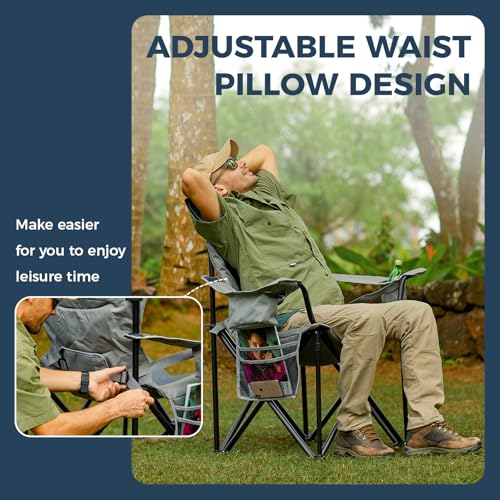 KingCamp Oversized Camping Folding Chair with Lumbar Support, Heavy Duty Ergonomic Padded Arm Chair with Cooler Bag, Cup Holder, Portable for Outdoor - color: Navy/Grey
