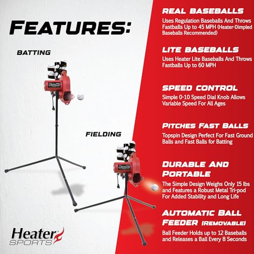 Heater Sports Base Hit Adjustable Real Baseball Pitching Machine – 45 MPH Pitching Speed, Includes Automatic Ball Feeder | Perfect for Hitting and Fielding Training for All Skill Levels