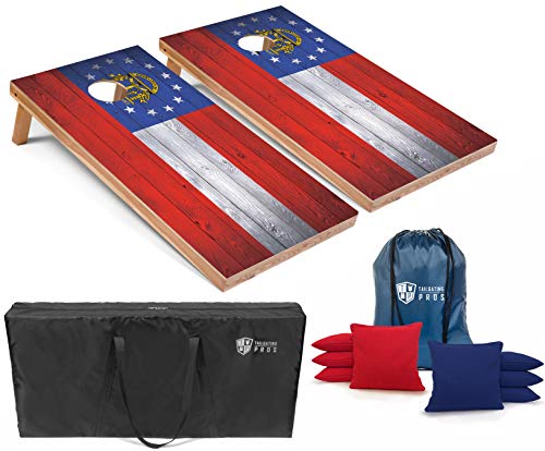 Tailgating Pros Regulation Cornhole Boards Flag Set - Includes 8 Bean Bags, Carrying Cases, and 4'x2' Corn Hole Toss Game w/Ring Light - color: Georgia Flag