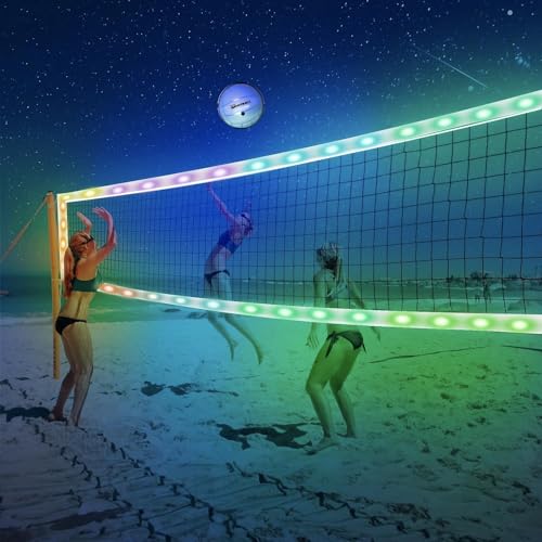 LED Professional Volleyball Net with Steel Cable, Light Up Portable Volleyball Nets Outdoor with Remote Control, Glow in the Dark Heavy Duty for Backyard