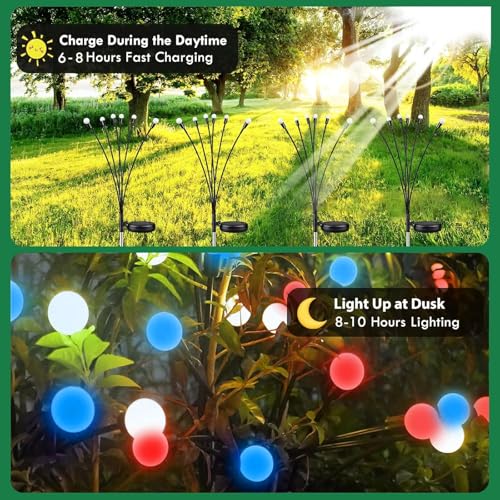 4th of July Decorations, 6 Pack Solar Firefly Lights Outdoor, 36 LED Waterproof Patriotic Decor Garden Lights with 2 Modes for 250th Anniversary National Yard Path Decorations (Red White and Blue) - color: Red White and Blue, size: 6 Pack