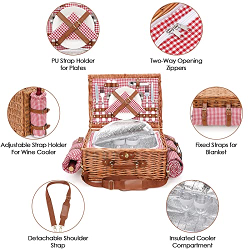 Picnic Basket for 2, Picnic Baskets with Waterproof Blanket, Picnic Hamper Set with Washable Beach Mat & Large Insulated Cooler Compartment, Handmade Natural Wicker Hamper for Camping, Outdoor Party - style: RedCheck-2P