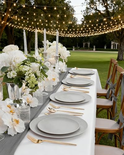 WONDERFUL 32pcs Light Grey Plastic Plates Reusable Unbreakable & Dishwasher safe Dishes Set Outdoor Plates Includes:16 Dinner 10" and 16 Dessert Plate 7.3" Ideal for BBQ Camping Outdoor Party - color: Light Drey