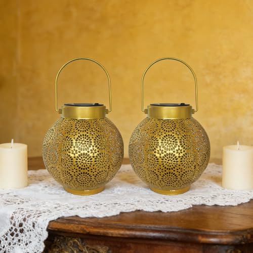 Solar Lanterns Outdoor Hanging 2 Pack, Waterproof Metal Garden Lights with Polka Dot Cutout Design, Dusk to Dawn Auto On/Off LED Decorative Lamp for Patio Porch Yard Tabletop, Shiny Gold - color: Shiny Gold Polka Dot