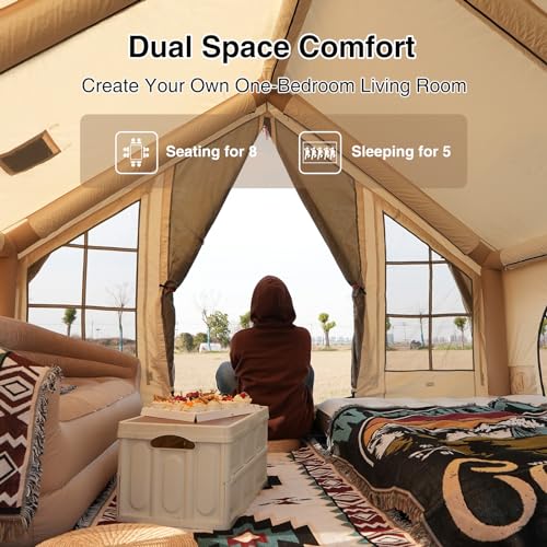 KNUO Inflatable Camping Tent, Large Blow-Up Air Tent, No Assembly Needed Luxury Glamping House, Oxford Fabric - color: Light Beige-Dual-layer Doors, size: 10x10ft