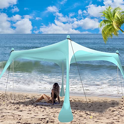 Buheco Beach Tent Pop Up Shade 10x10ft Beach Canopy Sun Shelter UPF50+ with 4 Foldable Poles-Portable Carrying Bag-Sand Shovel-Ground Pegs-Windproof Ropes for Outdoor Family Camping-Fishing- Picnic - color: Turquoise, size: 10x10FT 4 Pole