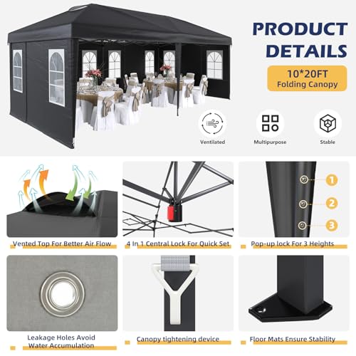 EROMMY 10x20 Heavy Duty Pop Up Canopy Tent with 6 Removable Sidewalls, Waterproof UV50+ Gazebo with Mosquito Netting, Easy Setup Instant Shelter for Backyard, Party, Wedding & Commercial Use, Black - color: Black, size: 10’x 20’