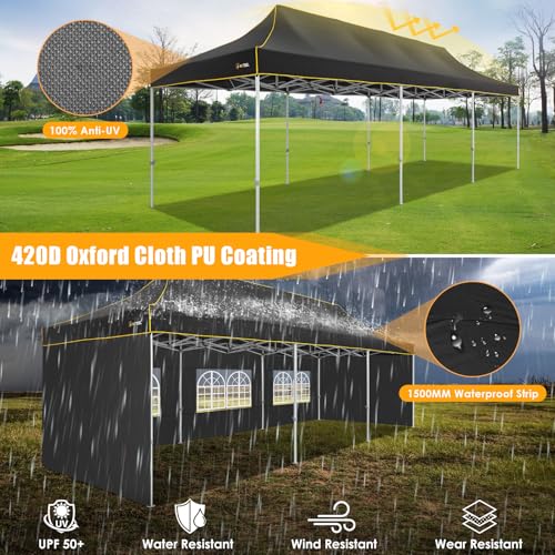HOTEEL 10x30 Heavy Duty Pop Up Canopy Tent with 5 Sidewalls&Wheeled Bag, Commercial Event Party Tent Wedding Instant Canopy Waterproof, Upgraded Thicked Hexagonal Legs, UV 50+, Black - color: Black, size: 10x30FT (+5 Walls)