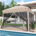 10x10 Pop Up Canopy Tent with Mosquito Netting, Outdoor Portable Screen Tent for Yard, Party, Camping and Picnic, 3 Height Positions, Patio Gazebo with Roller Bag and 4 Sandbags, Khaki - color: Khaki