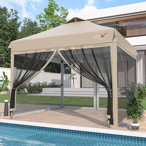 10x10 Pop Up Canopy Tent with Mosquito Netting, Outdoor Portable Screen Tent for Yard, Party, Camping and Picnic, 3 Height Positions, Patio Gazebo with Roller Bag and 4 Sandbags, Khaki - color: Khaki