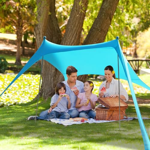 Beach Tent - 9.8 * 6.5 FT Beach Canopy, Portable Tent Sun Shelter UPF50 with 4 Sandbags, 2 Stability Poles Ground Pegs and Anti-Wind Ropes, Outdoor Shade Canopy for Camping, Sky Blue - style: 9.8*6.5 FT 2 Pole-Sky Blue