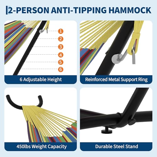 Double Hammocks with Stand for Outside, Portable Space Saving Heavy-Duty Steel Stand for Indoor Outdoor Patio with Carrying Bag, 450 lbs Capacity (Rainbow Stripes) - color: Yellow Rainbow Stripes