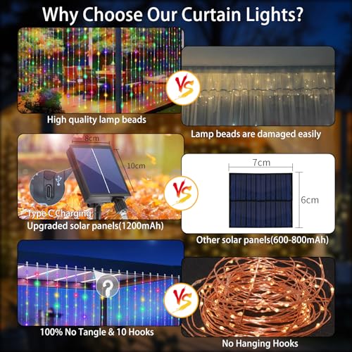 Solar Curtain Lights Outdoor 10 x 10Ft 300LED Waterproof Waterfall Light with 8 Modes Remote USB Rechargeable Dimmable Timer Twinkle Fairy String Lights for Outdoor Christmas Gazebo Wedding Pergola - color: 300LED Multicolor