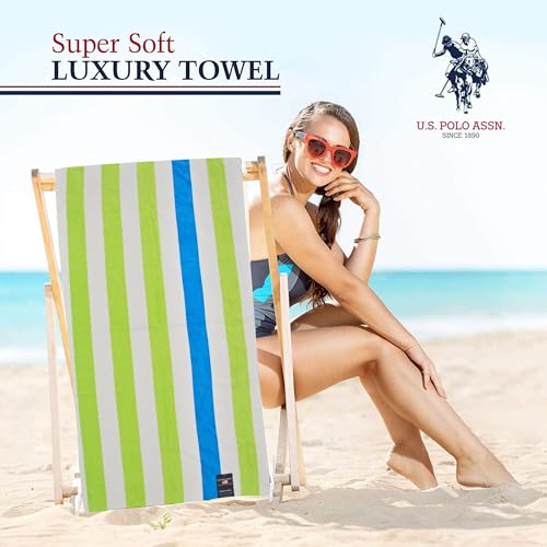 U.S. Polo Assn. Oversized (40” x 70”) Striped Nautical Design Beach Towel - Luxury Plush Cotton Hotel Quality for Bath, Pool - Cabana Stripe Green/Tuq - color: Cabana Stripe Green/Tuq, size: 40" x 70"