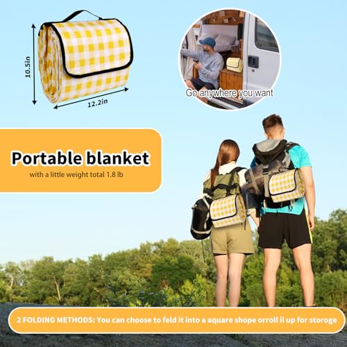CUNCUI Large Picnic Blankets, 3 Layers Thick Soft Gingham Camping Blanket, 59X79IN Foldable Waterproof Rug, Portable Outdoor Mat for Beach Grass Hiking Park Travel, Sandproof, Machine Washable-Yellow - color: Yellow