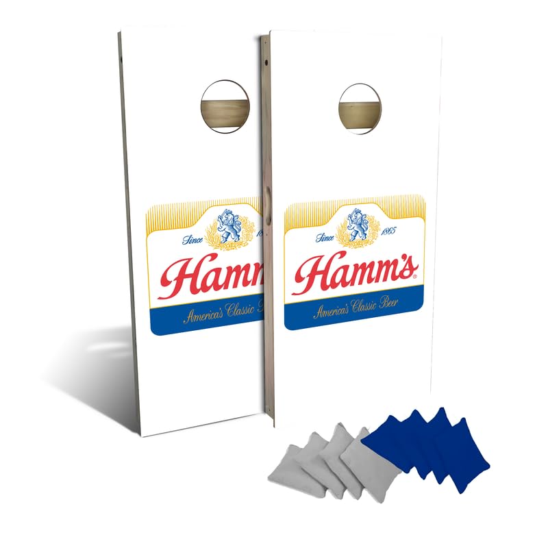 Slick Woody's Professional-Grade Cornhole Boards - 4'x2' Solid Wood Regulation Man Cave + Beer Branded Corn Hole Toss Game with 8 Resin Filled Bags - color: Hamm's White