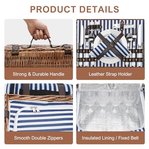 Picnic Basket for 4 Persons - Baskets with Cooler and Picnic Blanket, Classical Wicker Picnic Basket with Waterproof & Sand-Proof Beach Mat,Willow Hamper Service Gift Set - size: 15.53" for 4 Persons With Cooler