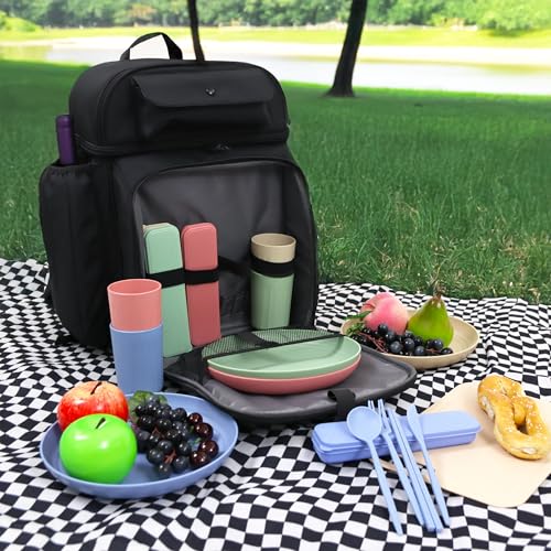 J World Picnic Backpack Cooler for 4. Insulated Picnic Basket Set with Folding Waterproof Blanket. Beach Camping Wedding Engagement Gift for Couples, Green - color: Green