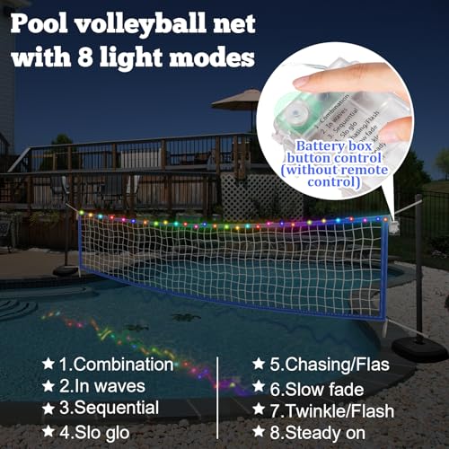 15 x 3FT Pool Volleyball Net with Light and Storage Bag,Adjustable Length 15ft-27ft Portable Pool Volleyball Net Replacement for Inground Pools,Light Up Pool Party Badminton Net for Backyard,Beach