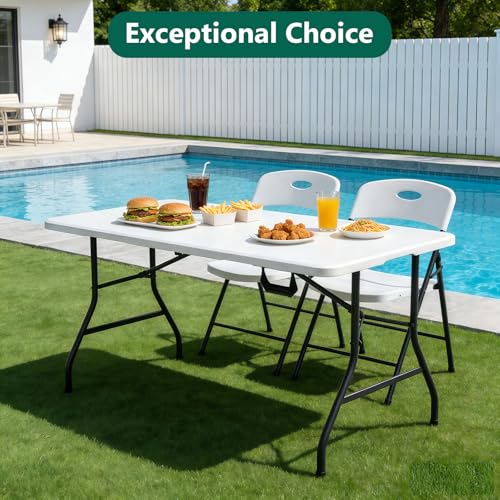 Folding Table 5FT Heavy Duty Plastic Table with Handle, Foldable&Portable, Fold-in-Half Utility Tables for Outdoor, Dining, Wedding, Events, Indoor, Picnic, Camping, Party,Khaki - color: White, size: 5FT
