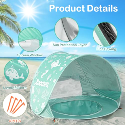 Baby Beach Tent, Pop Up Beach Tent Sun Shade for Beach, Portable Shade Pool UV Protection Sun Shelter for Infant with Beach Sand Toys Set - color: Patterned Mint Green