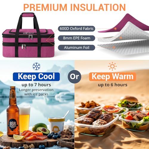 Insulated Double Casserole Carrier - Portable Casserole Carriers for Hot or Cold Food Lunch Tote Warmer or Cooler Bag for Potluck Parties Picnic Cookouts, Fits 9" x 13" Baking Dish - Pink - color: Pink