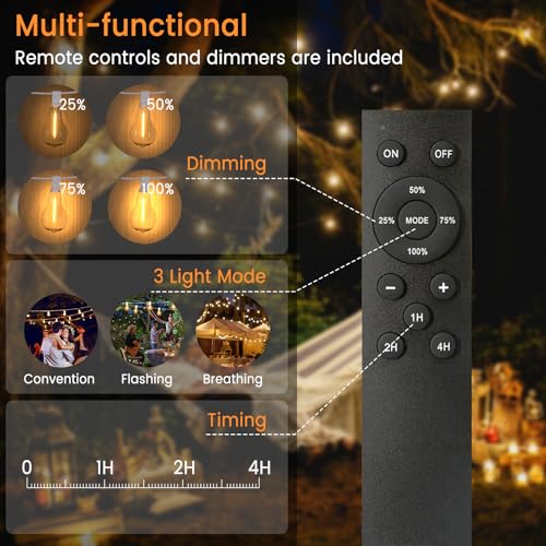 Outdoor String Lights 75FT LED Patio Lights 53 Plastic Edison Bulbs (3 Spare) with Remote Waterproof Patio Lights, Dimmable Outside Hanging Light Connectable for Porch Backyard, White - color: White, size: Remote Control Model -75ft-50t