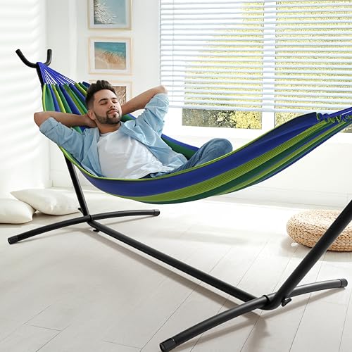 Sorbus 2-Person Hammock with Stand – 60" Cotton Blend Bed, Heavy Duty 450lbs Capacity, Portable with Carrying Case – for Garden, Patio, Outdoor, Camping, Gifts – Washable - color: Blue/Green