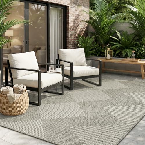MontVoo-Outdoor Rug Carpet Patio Rug 4x6 ft Polypropylene Indoor Outdoor Rugs for Patio Deck Balcony Porch, Textured Weave, Durable for High Traffic, Fade-Resistant, Boho Geometric Silver Grey - color: Grey Ivory, size: 4' x 6' (Rectangular)