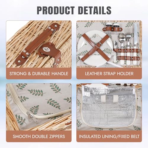 HappyPicnic Picnic Basket Set for 2 - Wicker Picnic Basket with Waterproof Blanket & Insulated Liner, Large Handmade Willow Hamper with Cutlery Kit for Outdoor, Picnic, Camping, Party, Holidays (Leaf) - color: Leaf