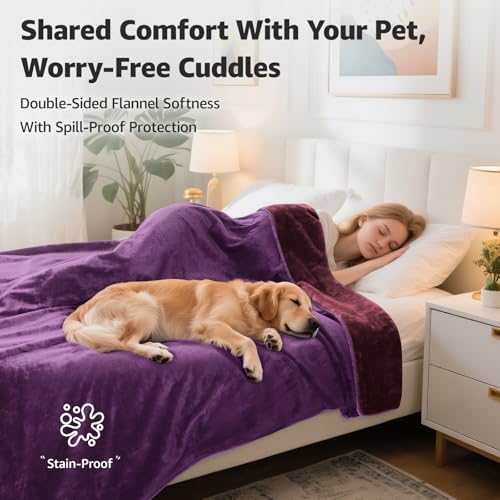 LOOBANI Waterproof Blanket for Bed: Reversible Soft Flannel Twin Bed Blanket 60" x 80", Leakproof Throw Spill-Proof Dog Pet Blanket for Couch, Sofa Protect, Movie Time, Camping, Travel, Purple - color: Purple, size: 60" x 80"
