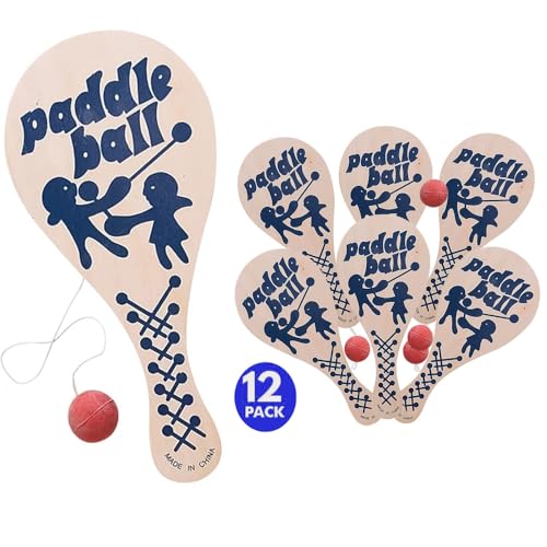 The Dreidel Company 12-Pack, 9.25 Inch Paddle Ball, Wooden Paddle Ball with String, Party Favor, Indoor and Outdoor Toy,