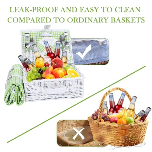 Neti Neti Wicker Picnic Basket for 4 with Insulated Cooler & Waterproof Blanket – Large Willow Picnic Hamper for Outdoor, Camping, Beach, Romantic Dates, Valentine’s Day - color: Green Plaid
