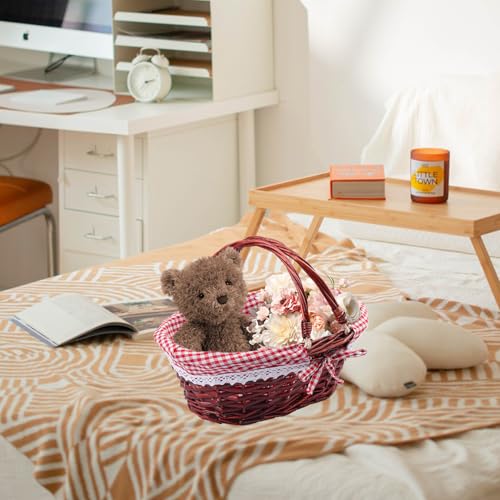 2 Pack 12.6 Inch Brown Wicker Basket with Checkered Lining, Oval Wicker Woven Basket with Handle, Willow Woven Picnic Baskets for Picnic, Camping, Party(Small) - size: 2 Pack 12.6in Brown