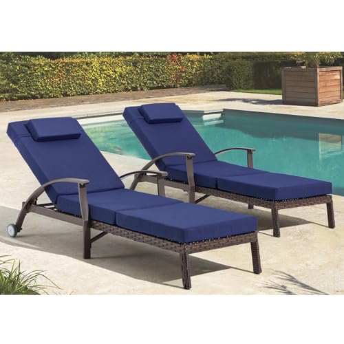 79.1''Chaise Lounge Chair Set Outdoor of 2, Patio Lounge Chair, Wicker Reclining Chair with 6 Adjustable Position Backrest 115-180° for Poolside, Backyard, Lawn, Deck (Blue) - color: Blue, size: 2 Pieces