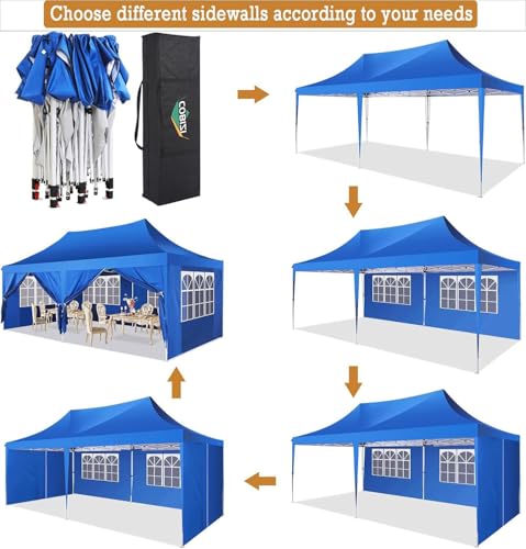 COBIZI 10x20 Pop Up Canopy with 6 Sidewalls,10x20 Canopy Tent Frame Upgraded with 3 Adjustable Heights,Waterproof UV50+ Outdoor Party Commercial Ez Up Gazebos with Carry Bag(10 x 20 ft Blue) - color: Blue, size: 10x20ft(With 6 Sidewalls)