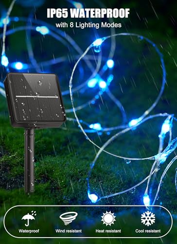 Minetom Solar String Lights for Outside, 33Ft 100 LED Outdoor Solar Fairy Lights, 8 Modes Balcony Lights for Tree Patio Christmas Party Decor (Blue and White) - color: Blue and White, size: 1 Pack