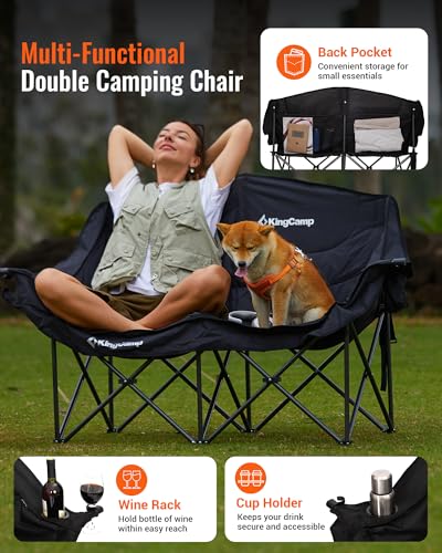 KingCamp Double Camping Chair, Oversized 880lbs Heavy Duty Loveseat for Adults Portable Folding XL 2 Person Couch Padded Comfortable Two Seat with Cup Holder for Outdoor Lawn Backyard, Black - color: XL 2 Person Black, size: Loveseat XL