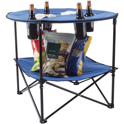Wakeman Camp Table - Round 2-Tier Folding Table with 4 Cupholders and Carrying Bag - for Camping, Beach, Picnic, Sporting Events, and More Outdoors,Blue - color: Blue