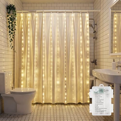 Brightown 180 LED Shower Curtain Lights, 70 Inch Warm White Fairy Lights Battery Operated String Lights, 8 Modes Waterproof Christmas Lights for Indoor Outdoor Decor(No Curtain) - color: Warm White, size: 1 Pack-180 LED