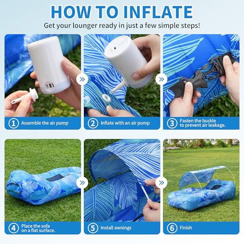 Inflatable Couch,Air Sofa with Sun-Shade Design,Built-in Storage,Ripstop Polyester&Stability Pegs,Portable Air Lounger for Beach,Camping,Easy to Carry,2Inflation Ways(Included Pump)Blue Feather - color: Blue Feather